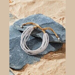 Ivory Faux Pearl Multi-Strand Beaded Bracelet with Gold Cord Tie